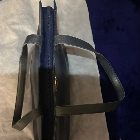 Authentic Vintage Christian Dior Leather Navy Blue Tote with Gold Accent